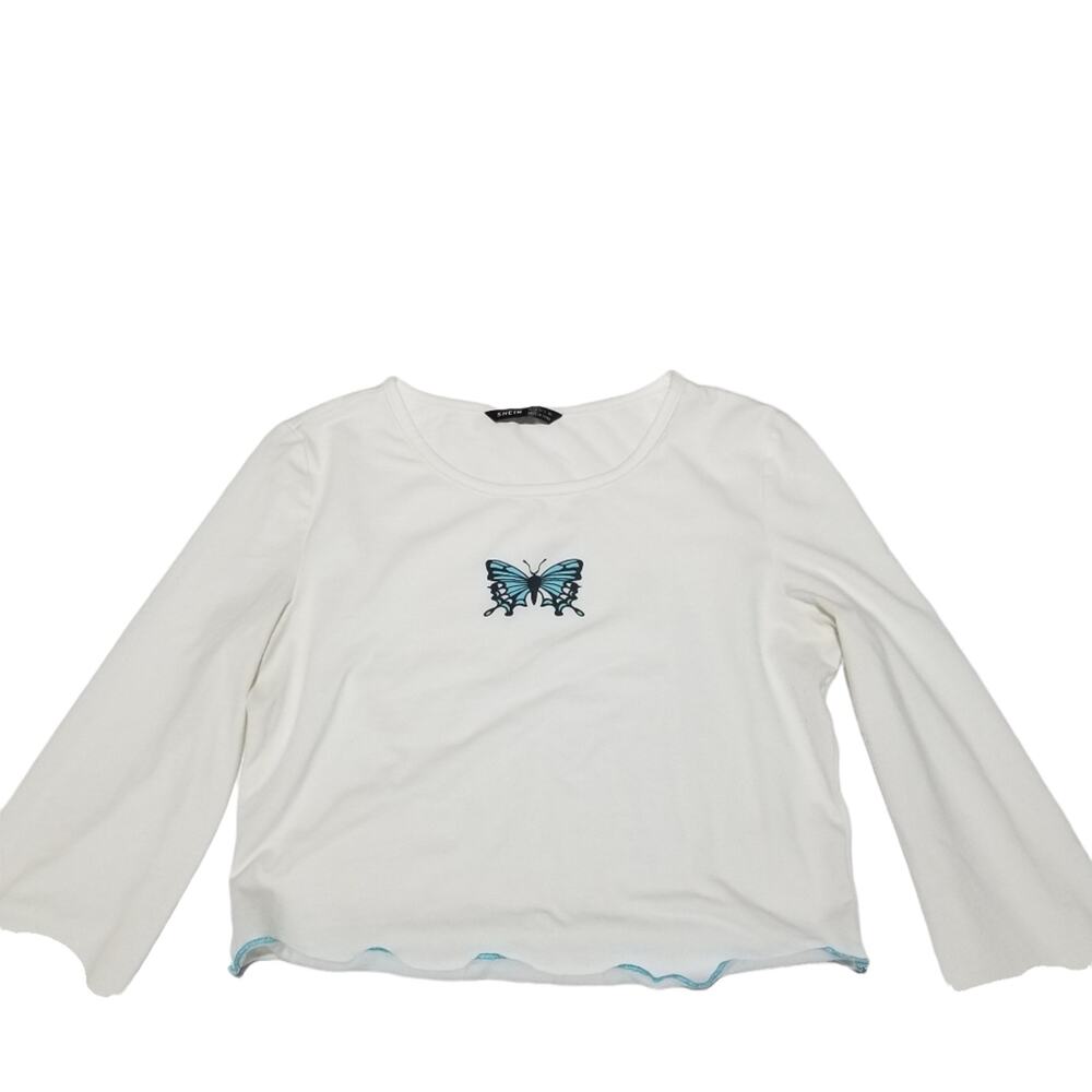 Long Sleeve Tee Shirt Small Womens White Cropped Butterfly